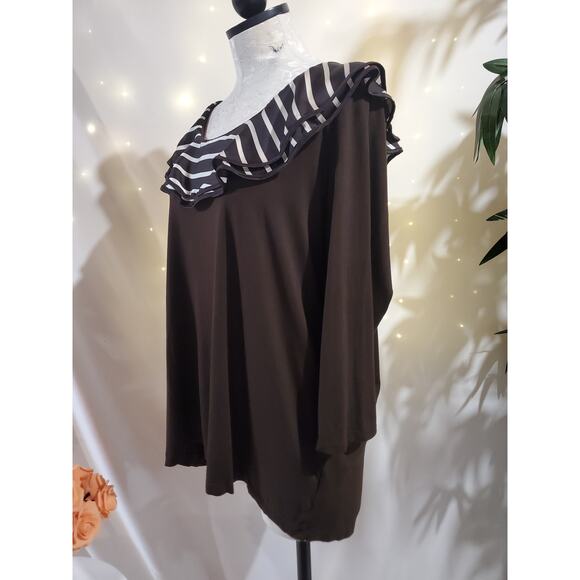 Lauren Ralph Lauren Stripe Satin Ruffle Neck 3/4 Sleeve Blouse Plus 2X Brown Top - Picture 2 of 9